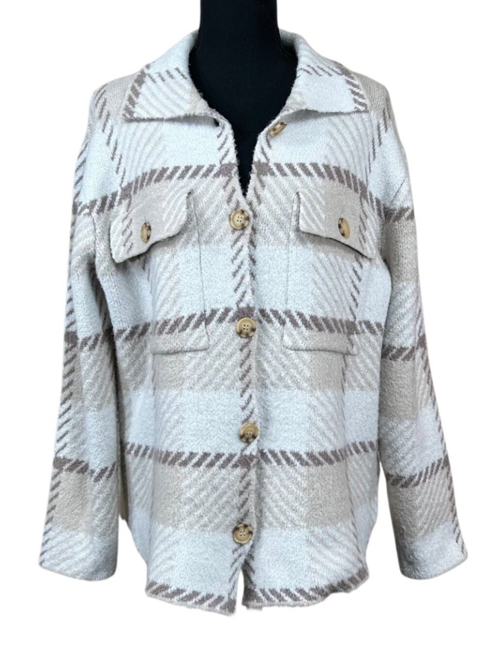 Pink Rose Brown Cream Plaid Cozy Shacket Jacket Size XL